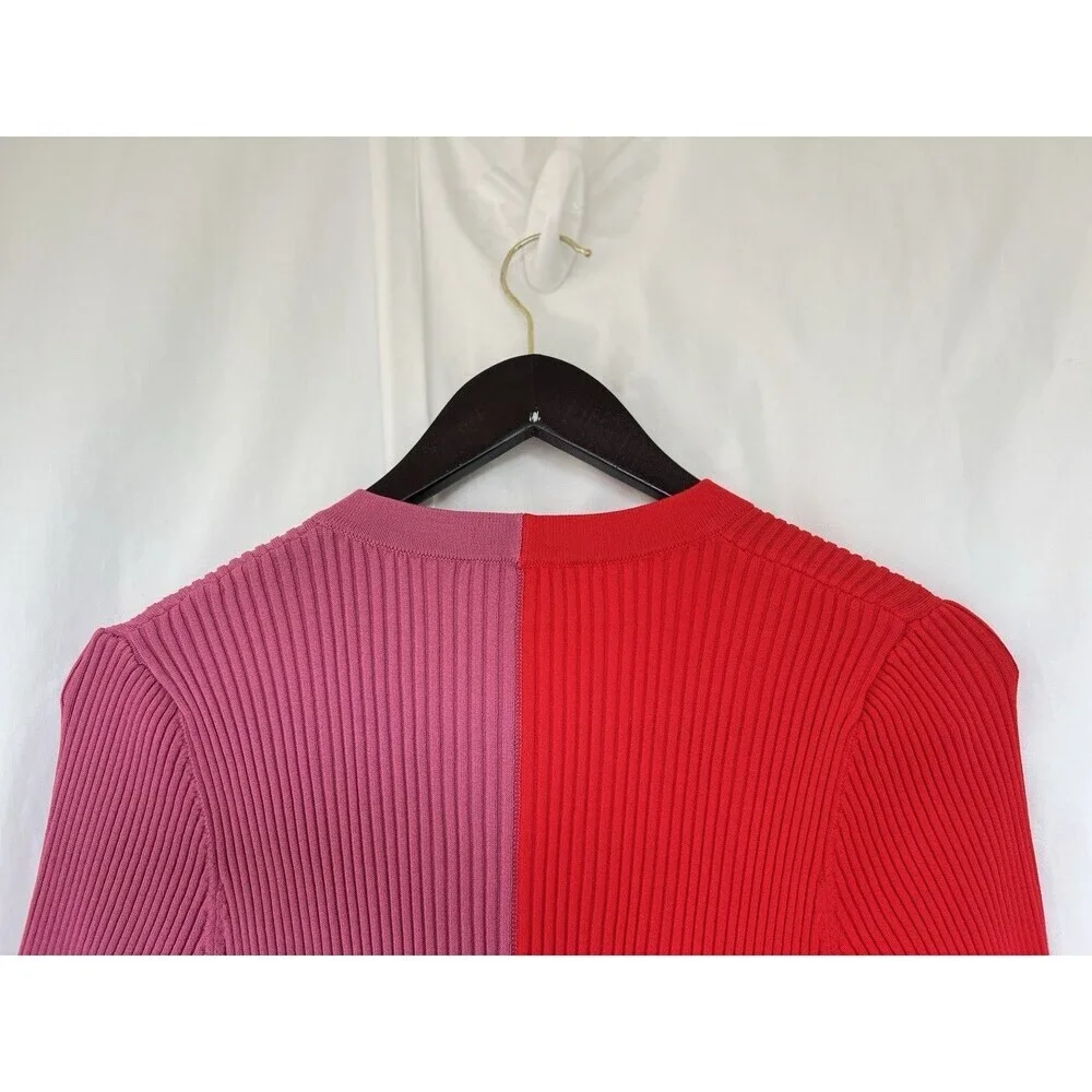 STAUD Shoko Colorblock Lurex Ribbed Long Sleeve Sweater Dress Medium Lava Peony - Picture 8 of 10